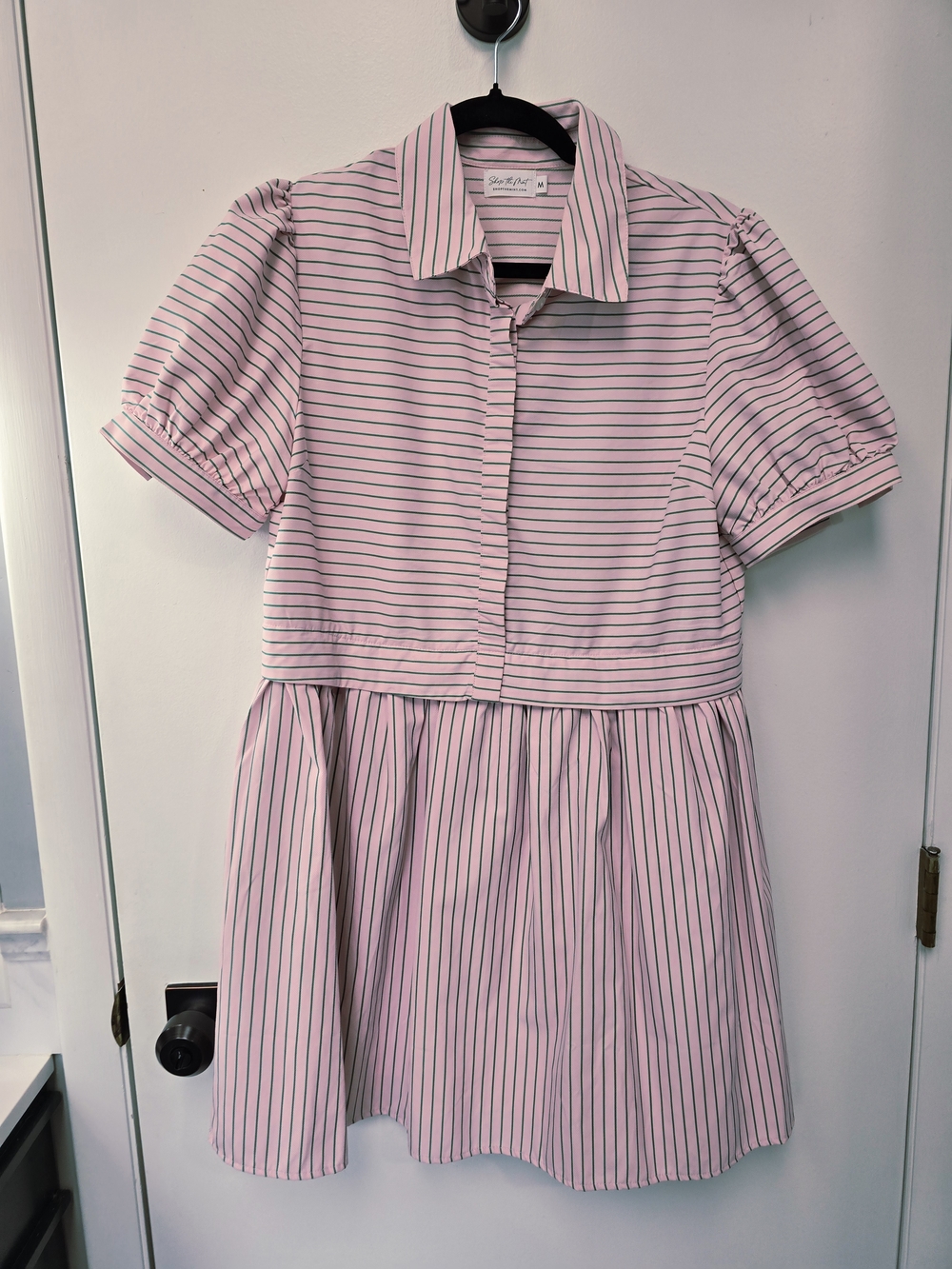 The Mint Pink & Green Striped Short Sleeve Babydoll Minidress-Med BOUTIQUE
